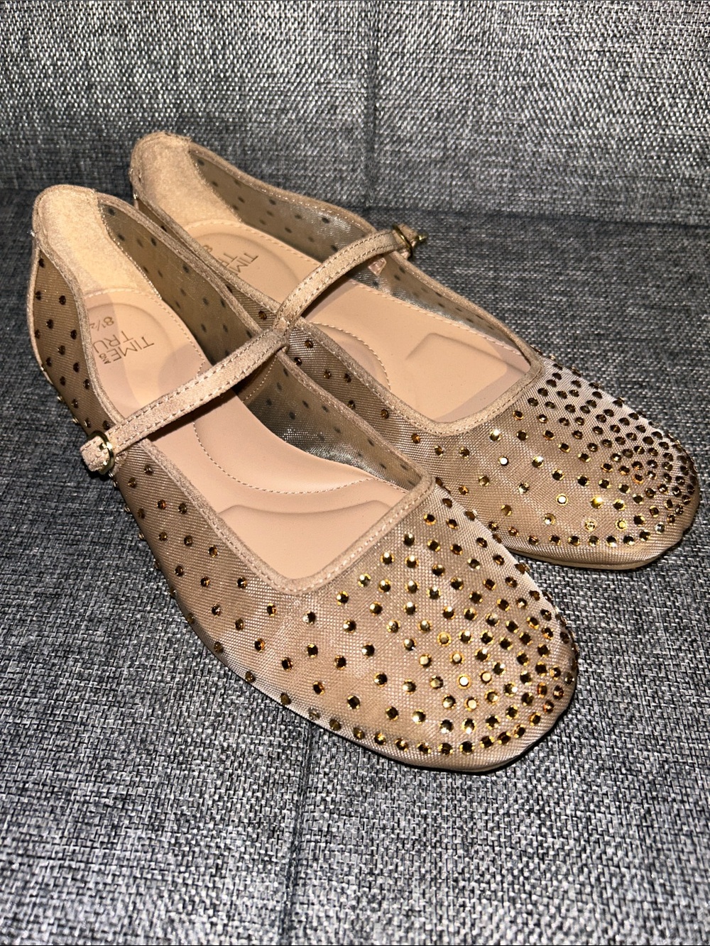 NEW - Time and Tru Nude Mesh Mary Jane Flats with Gold Studs